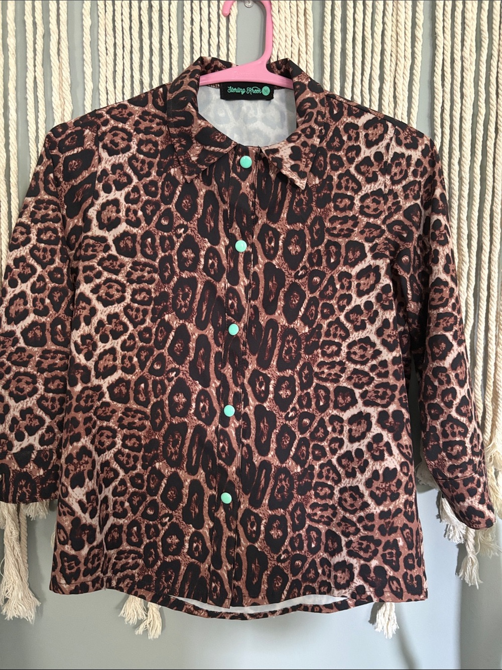 Kids Brown Leopard Print Button-Down Shirt with Mint Pearl Snap Buttons